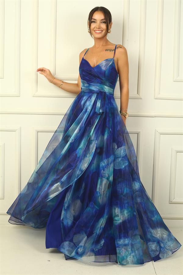 Kadın İp Askılı Arkası Bağcıklı Önü Drapeli Çiçekli Organze Uzun Elbise