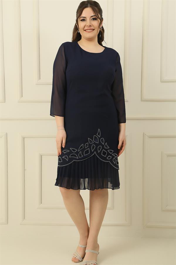 Plus Size Crepe Dress with Chiffon Pleats on Sleeves and Hem and Stone Embellishments