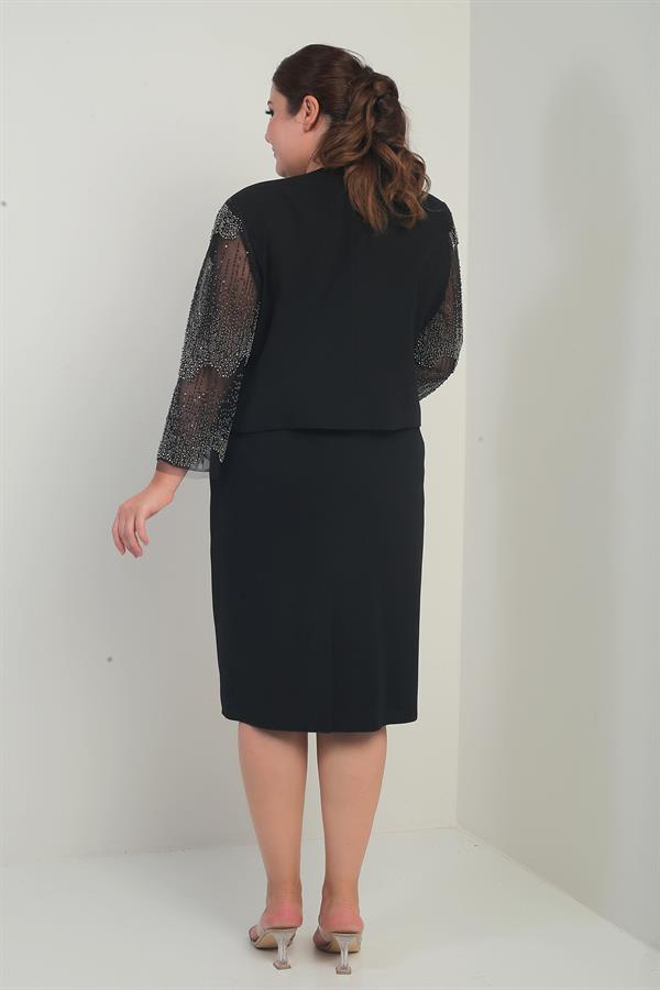 Kadın Kruvaze Yaka Beli Drapeli Elbise Kolları Tül Ceket Astarlı Pul Detaylı Büyük Beden 2'li Takım