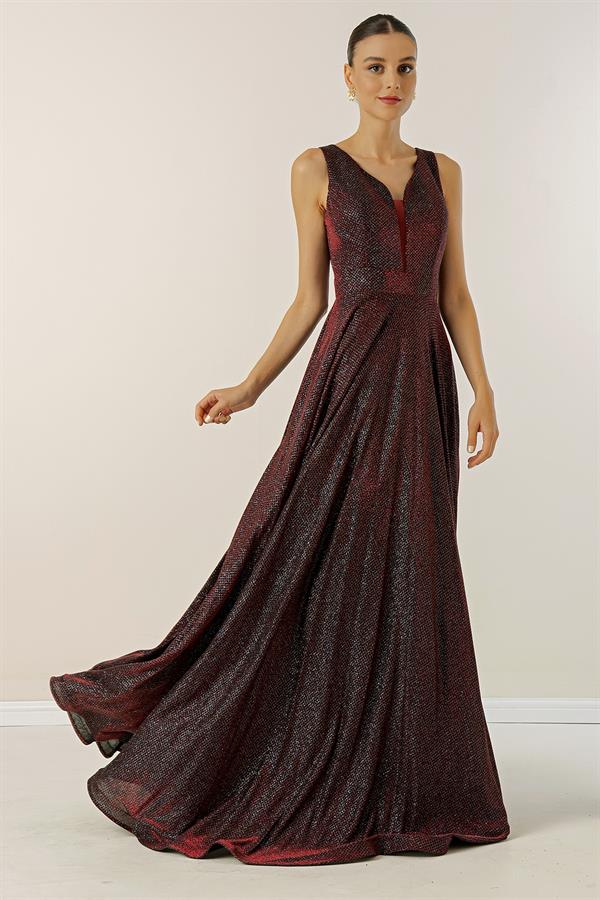 V-Neck Echo Tulle Glittery Lined Evening Dress