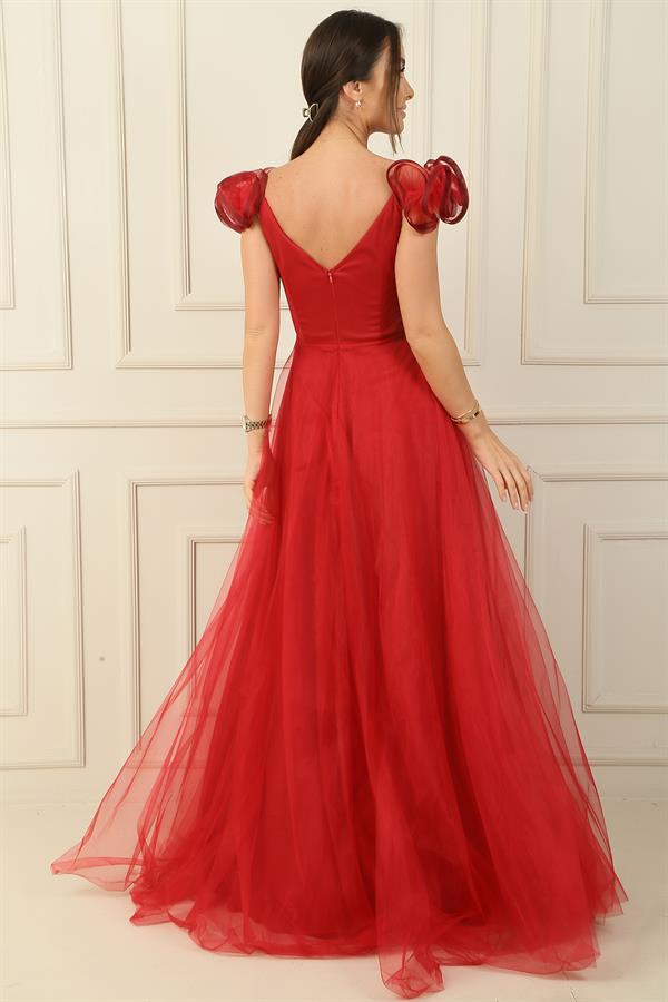 Ön Arka V Yaka İp Askılı Düşük Kollu Önü Taş Detaylı Astarlı Uzun Tül Elbise