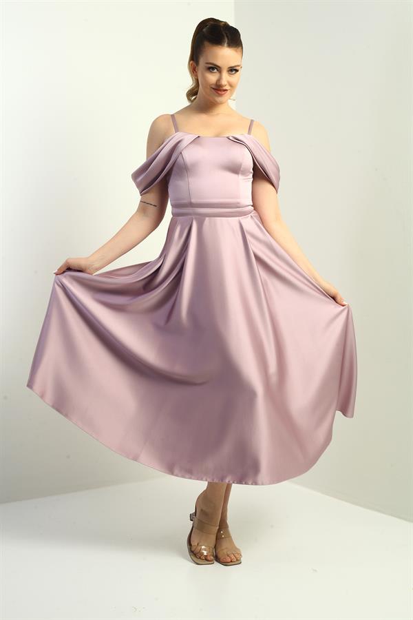 Kadın İp Askılı Düşük Kollu Astarlı Pileli Saten Kloş Uzun Elbise