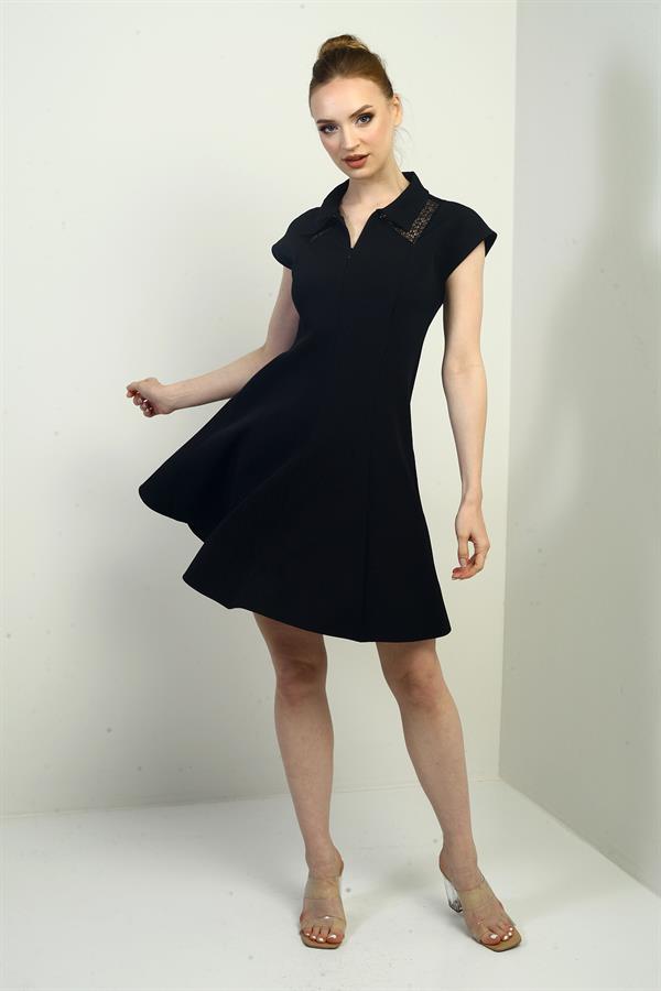 Kadın Önü Yarım Fermuar Ve Dantel Detaylı Kendinden Telalı Kısa Kloş Elbise