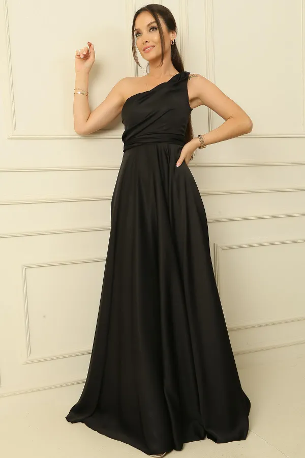 Tek Omuz Drapeli Astarlı Krep Elbise