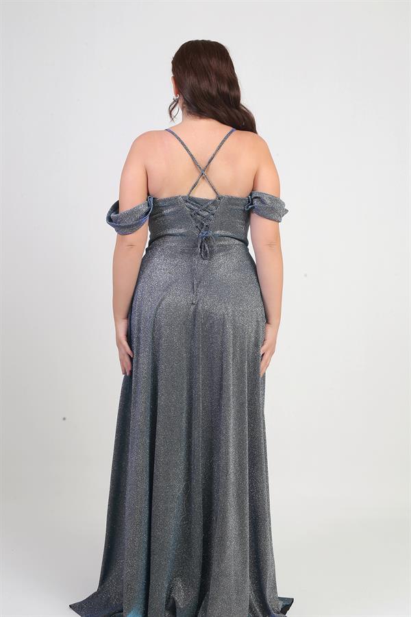 Kadın İp Askılı Arkası Bağcıklı Göğüs Drapeli Astarlı Balenli Büyük Beden Simli Elbise