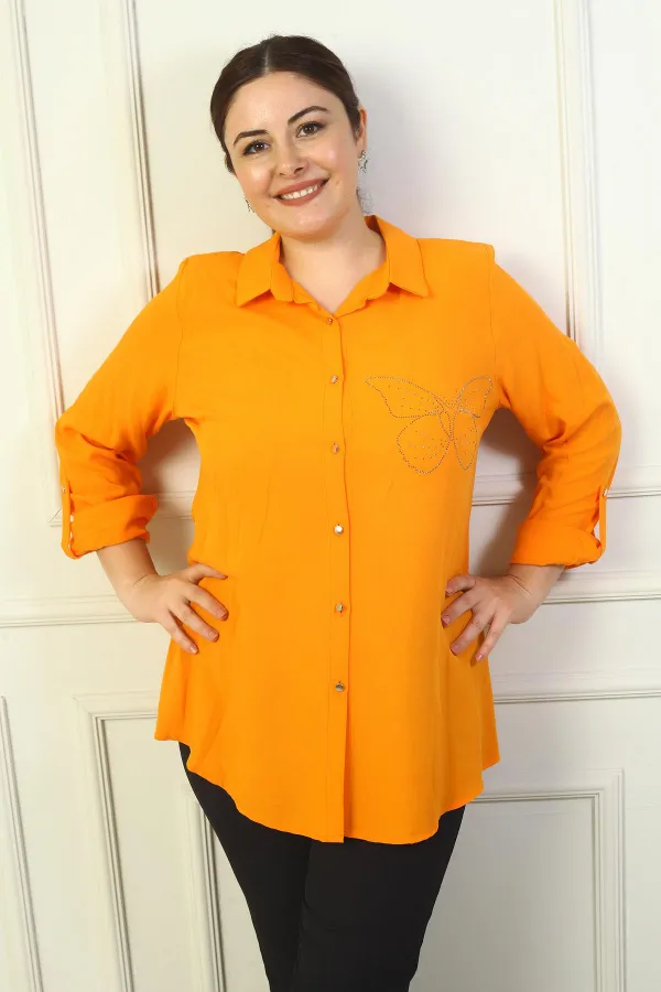 Chemise en viscose grande taille à manches repliées ornée de papillons pour femme