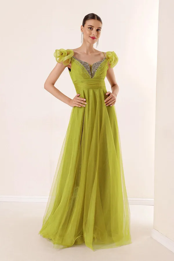 Front Back V Neck Rope Straps Low Sleeves Front Stone Detailed Lined Long Tulle Dress