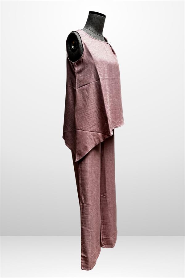 Kadın  Toka Detaylı Eteği Asimetrik Bluz Beli Lastikli Cepli Palazzo Pantolon Keten 2'li Takım