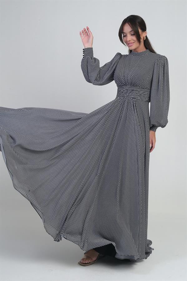 Kadın Önü Drapeli Benekli Uzun Şifon Elbise