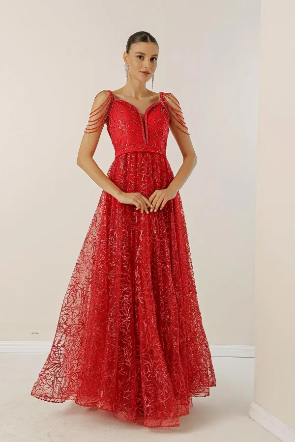 Boncuk Detaylı Astarlı Sim Flok Baskılı Uzun Elbise