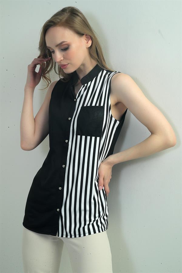 Women's Striped Detail Leather Pocketed Lycra Vest