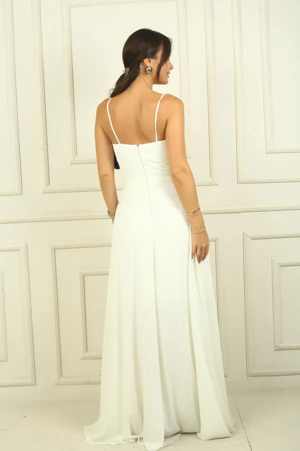Robe longue en mousseline doublée à bretelles et drapée pour femme