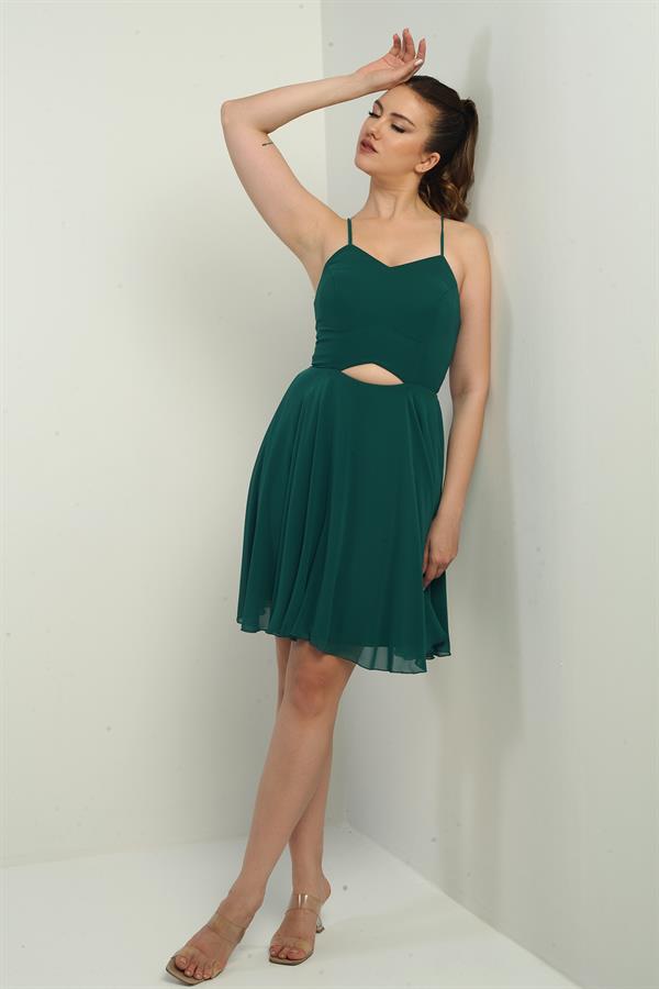 Kadın İp Askılı Arkası Bağlamalı Önü Pencereli Astarlı Şifon Kısa Kloş Elbise