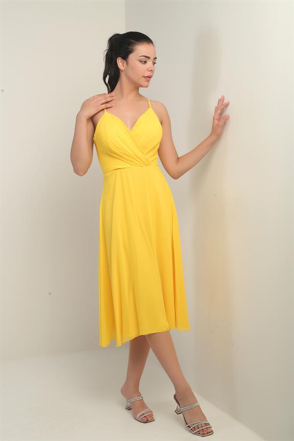 Women's Strappy Wrap Neckline Lined Lace-Up Back Flared Chiffon Dress