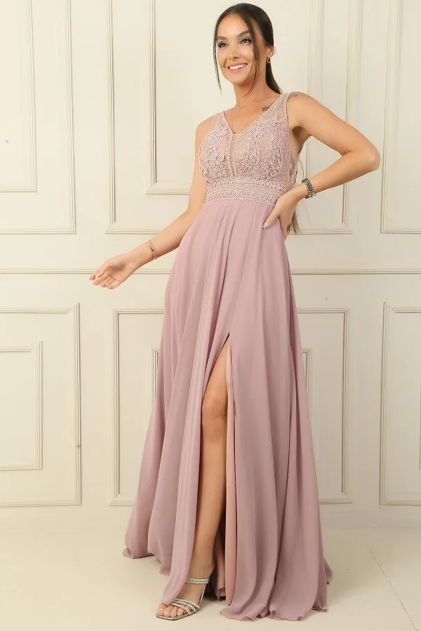 Ön Arka V Yaka Üst Boncuklu Çiçek Motifli Astarlı Uzun Şifon Abiye Elbise