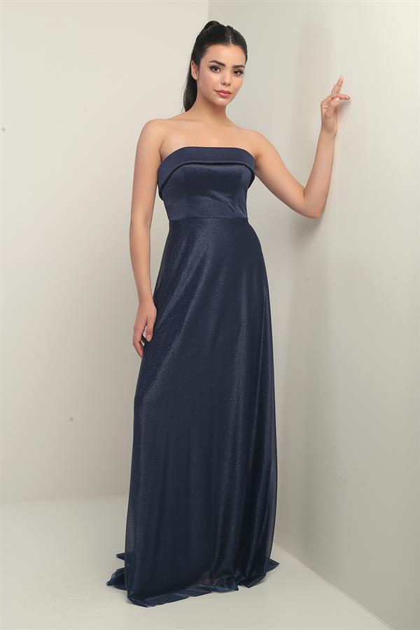 Kadın Yakası Süngerli Astarlı Simli Uzun Tül Elbise