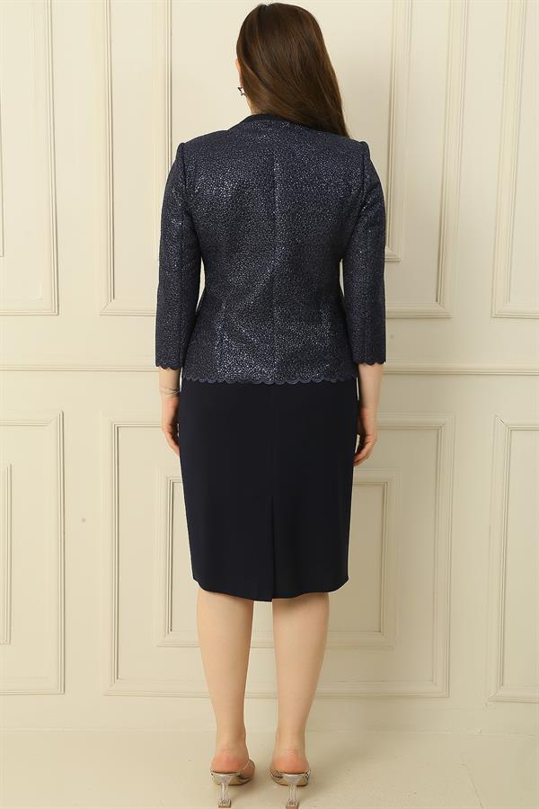 Yaka Taşlı Astarlı Krep Elbise Pulpayet Ceket Büyük Beden İkili Takım