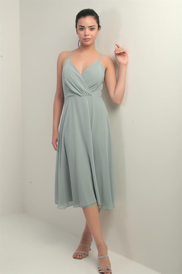 Kadın İp Askılı Kruvaze Yaka Astarlı Arkası Bağcıklı Kloş Şifon Elbise