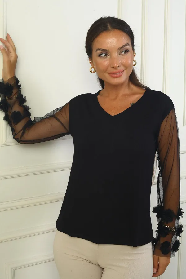 Kadın Ucu 3 Boyut Çiçekli Tül Kol Çilek Bluz