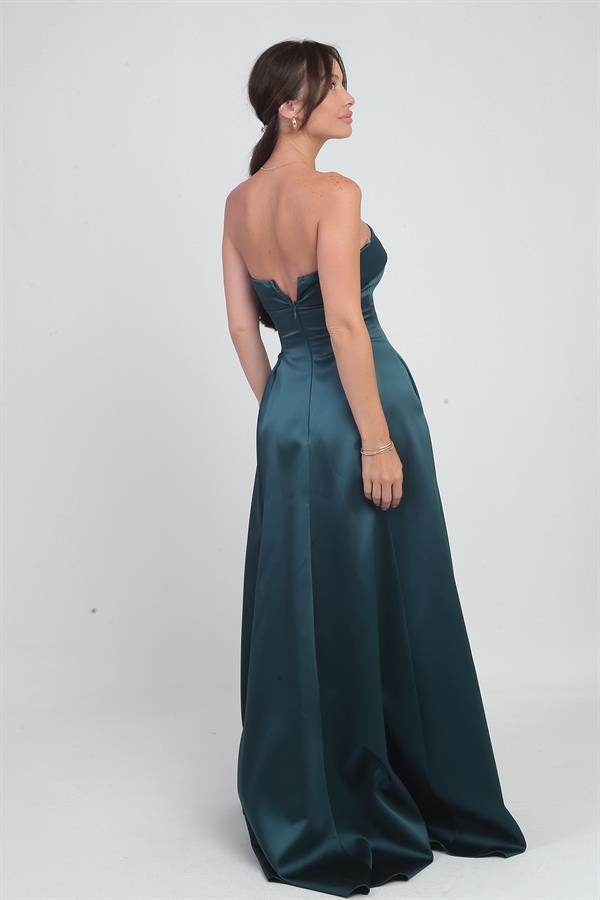 Women's Strapless Lined Long Satin Evening Dress with Pockets