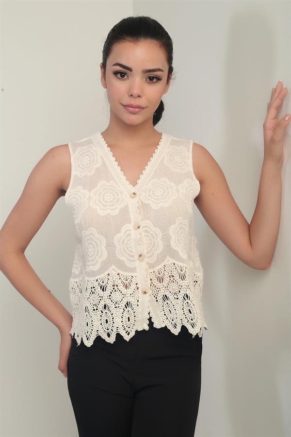 Women's V-Neck Button-Front Embroidered Skirt with Lace Trim Vest