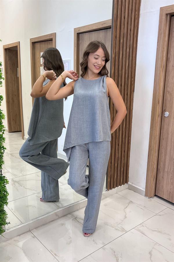 Kadın  Toka Detaylı Eteği Asimetrik Bluz Beli Lastikli Cepli Palazzo Pantolon Keten 2'li Takım