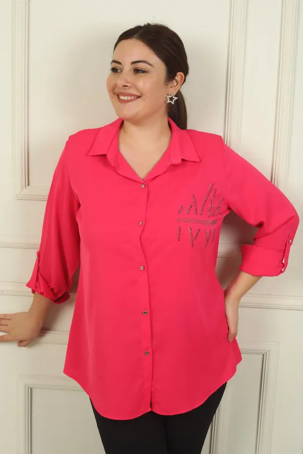 Kadın Kol Katlamalı Taş Detaylı Krep Saten Büyük Beden Gömlek