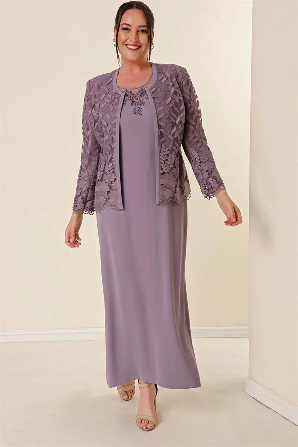 Ensemble robe et veste doublée de dentelle et de perles, grande taille, deux pièces