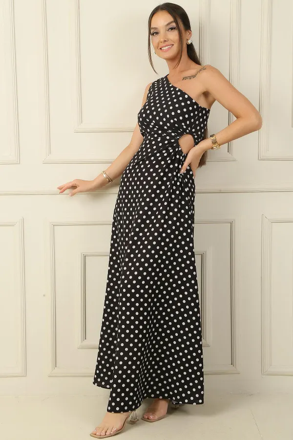 Women's One-Shoulder Polka Dot Long Crepe Satin Dress with Side Cutouts