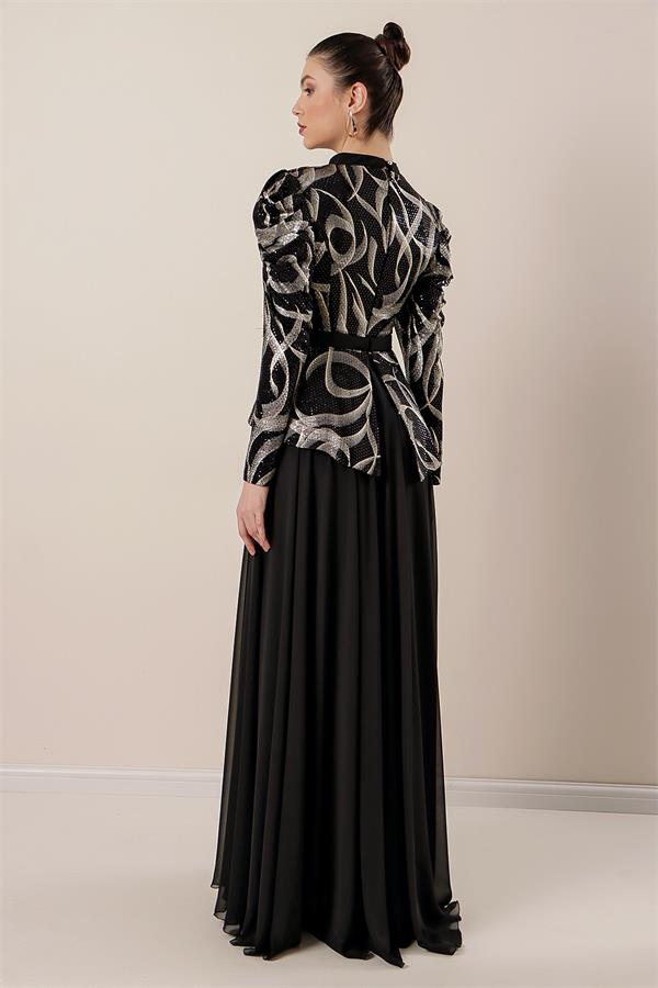 Kolları Büzgülü Güllü KEmer Detaylı Astarlı Üstü Yaldızlı Şifon Elbise