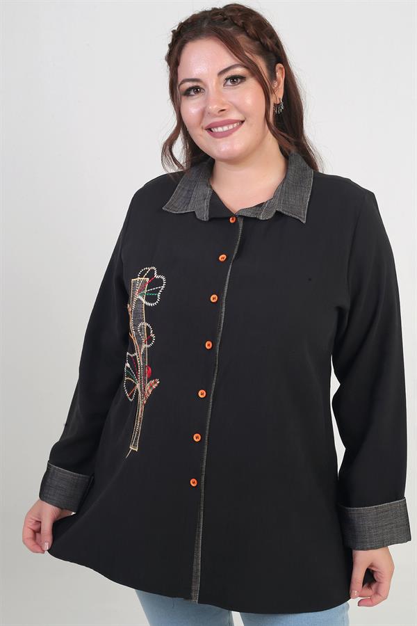 Kadın Önü Nakış İşlemeli Kot Aplikeli Büyük Beden Lyocell Gömlek