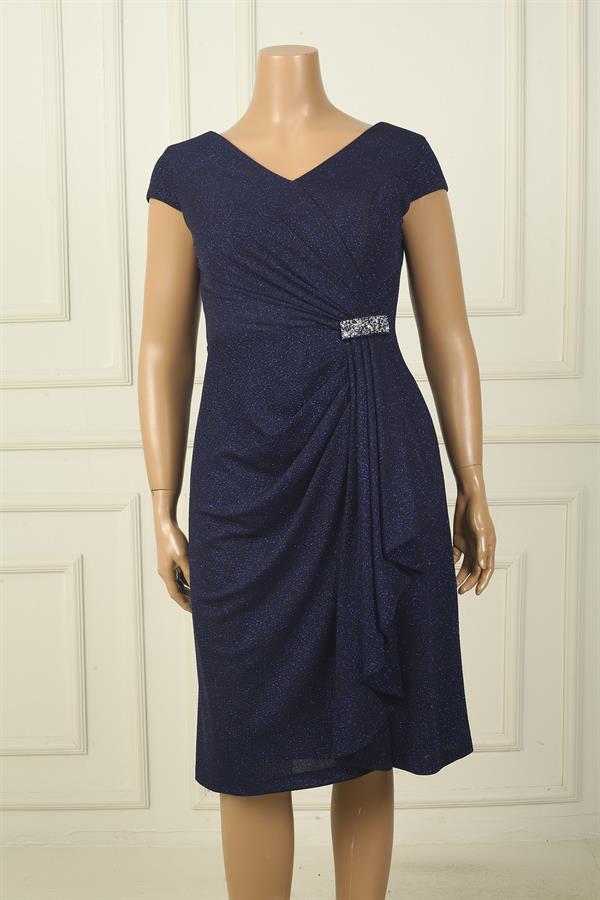 Kadın Ön Arka V Yaka Tırnak Kollu Astarlı Yanı Taş Detaylı Mendilli B.B Simli Kısa Elbise