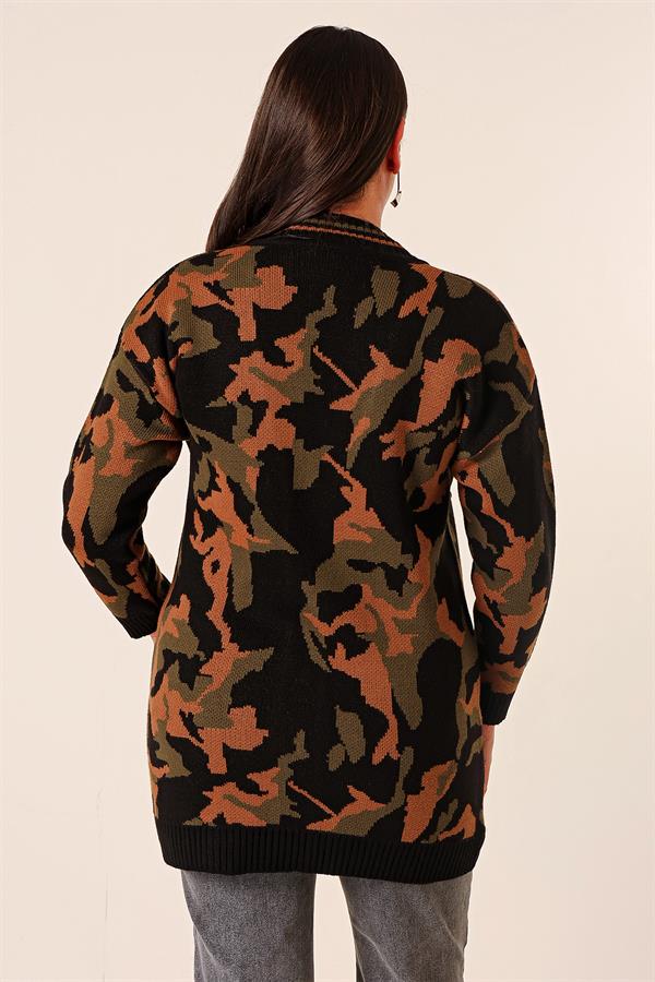 Oversize Kamuflaj Pullu Uzun Triko Hırka