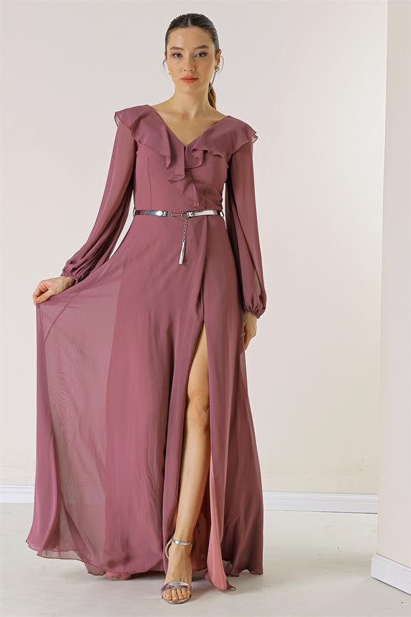 Long Chiffon Dress with Ruffled Front, Balloon Sleeves, and Belt