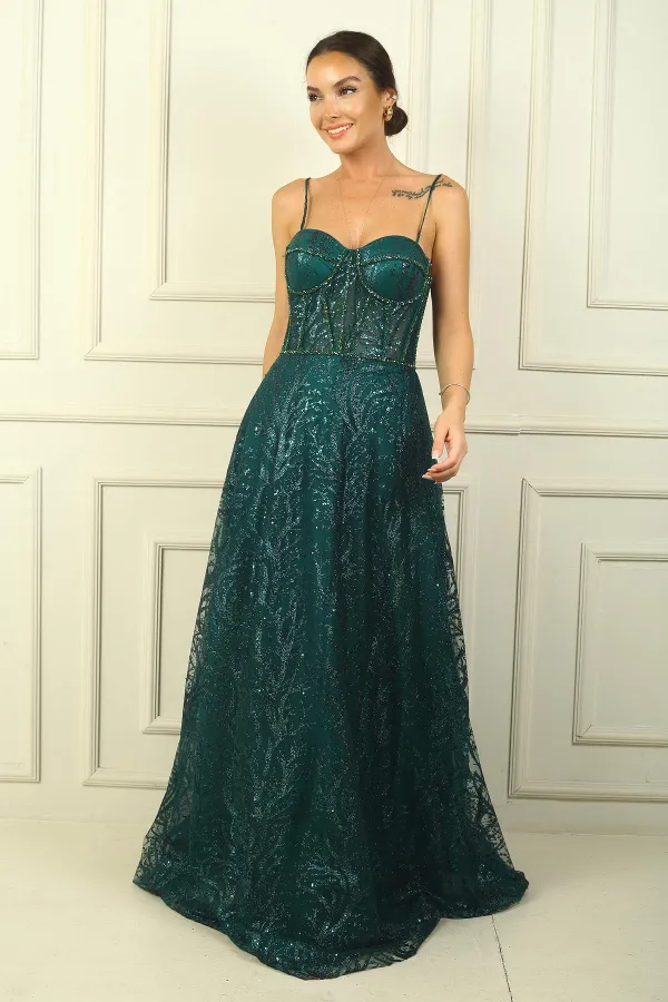 İp Askılı Boncuk Detaylı Astarlı Pul Ve Simli Balenli Uzun Elbise