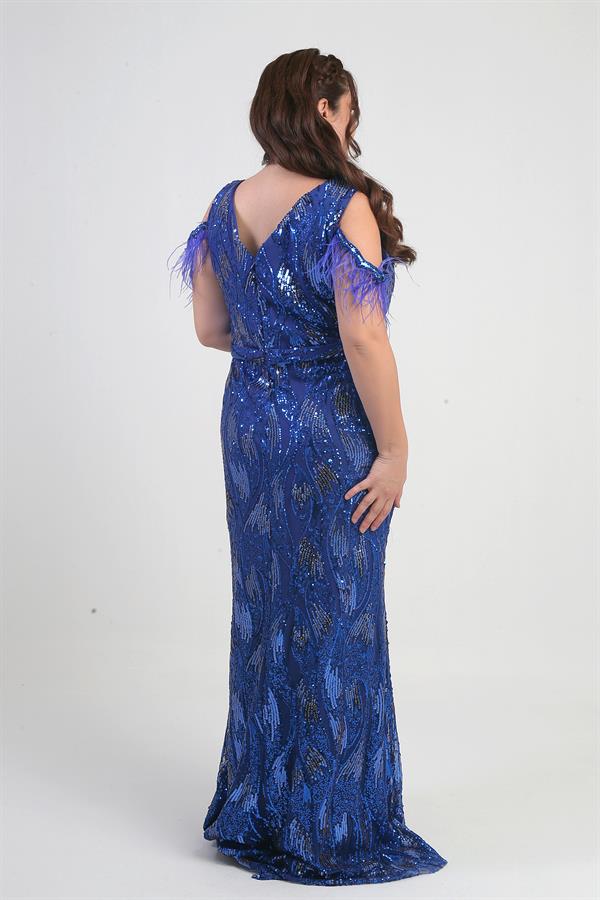 Kadın Tüylü Düşük Kollu Pul İşlemeli Astarlı Büyük Beden Uzun Elbise