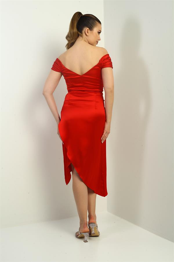 Kadın Madonna Yaka Drapeli Asimetrik Saten Kısa Elbise