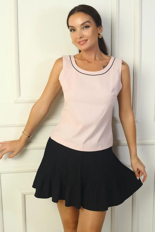 Blouse with Piped Neckline and Zipper Back