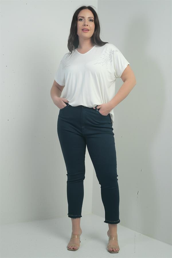 Pantalon skinny en toile lycra à rayures et détails pierre pour femme, grande taille