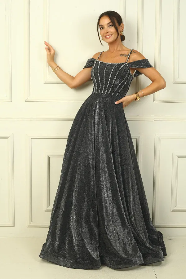 Strappy Low Sleeve Beaded Detailed Lined Glittery Long Dress