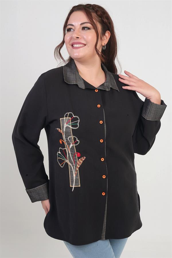 Kadın Önü Nakış İşlemeli Kot Aplikeli Büyük Beden Lyocell Gömlek