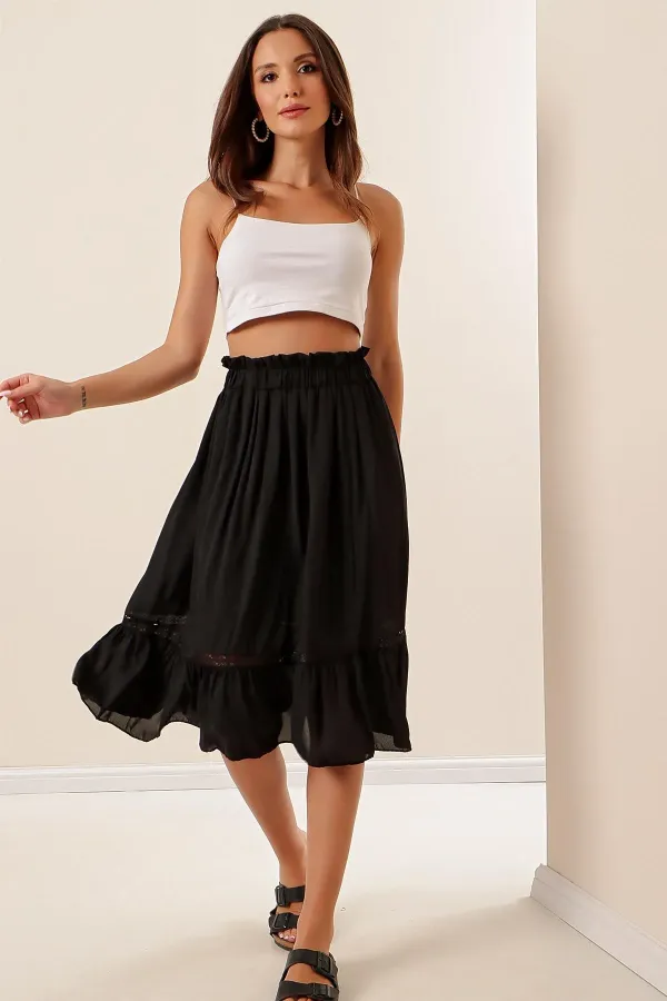 Elastic Waist Lined Lace Crepe Chiffon Skirt