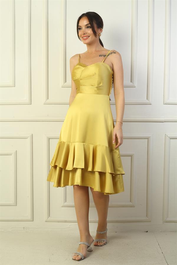 Jupe à bretelles pour femme, doublée et drapée, avec double volant en satin