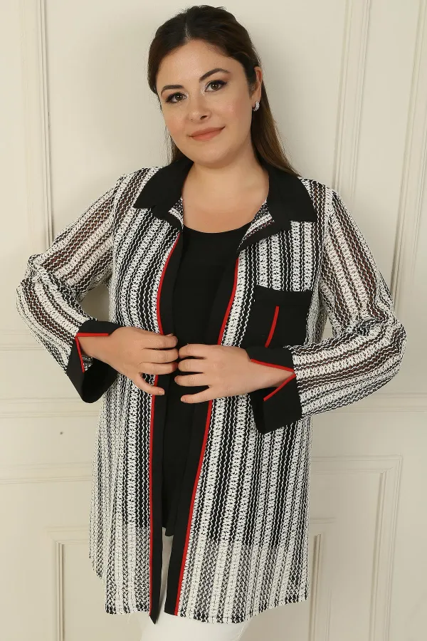 Tek Cepli Biyeli File Ceket Bluz Büyük Beden 2'li Takım