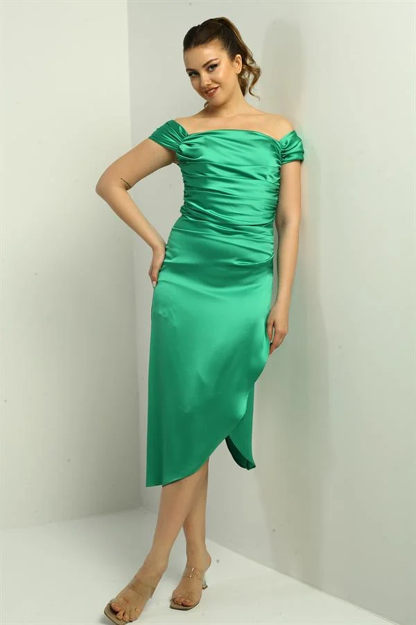 Women's Madonna Neckline Draped Asymmetrical Satin Short Dress