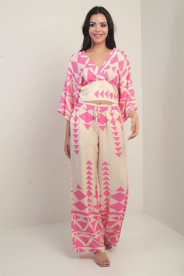 Kadın Ön Arka V Yaka Crop Bluz Beli Lastikli Cepli Palazzo Pantolon Üçgen Desen 2'li Takım