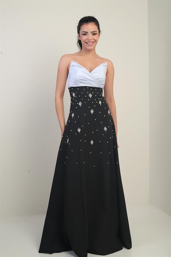 Kadın Tafta Üst Straplez Dubble Taş Yapıştırma Kloş Uzun Elbise