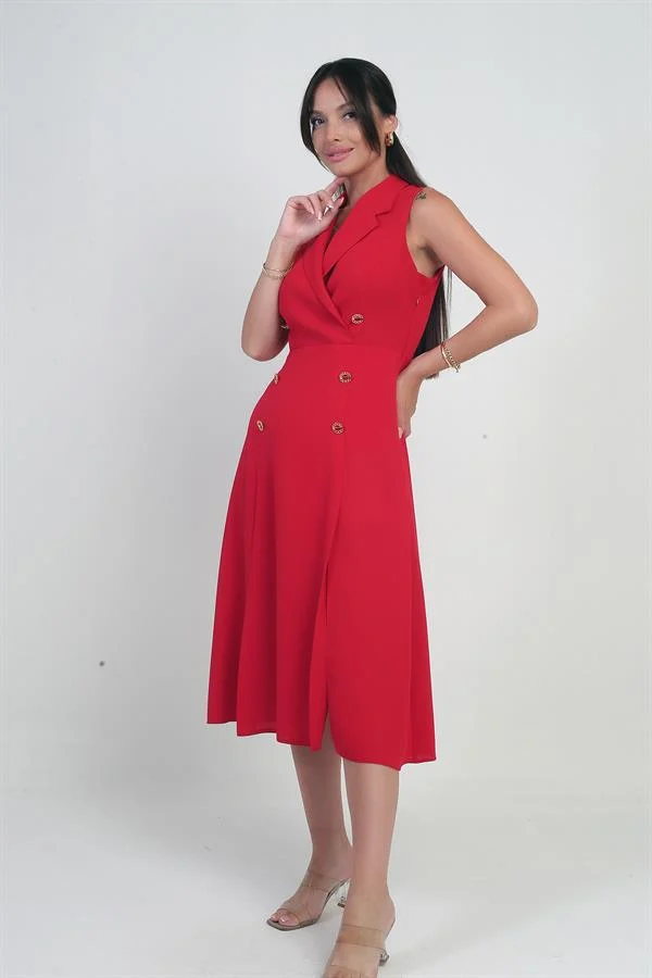 Women's Wrap Neckline Lined Double Slit Button Detail Midi Crepe Dress