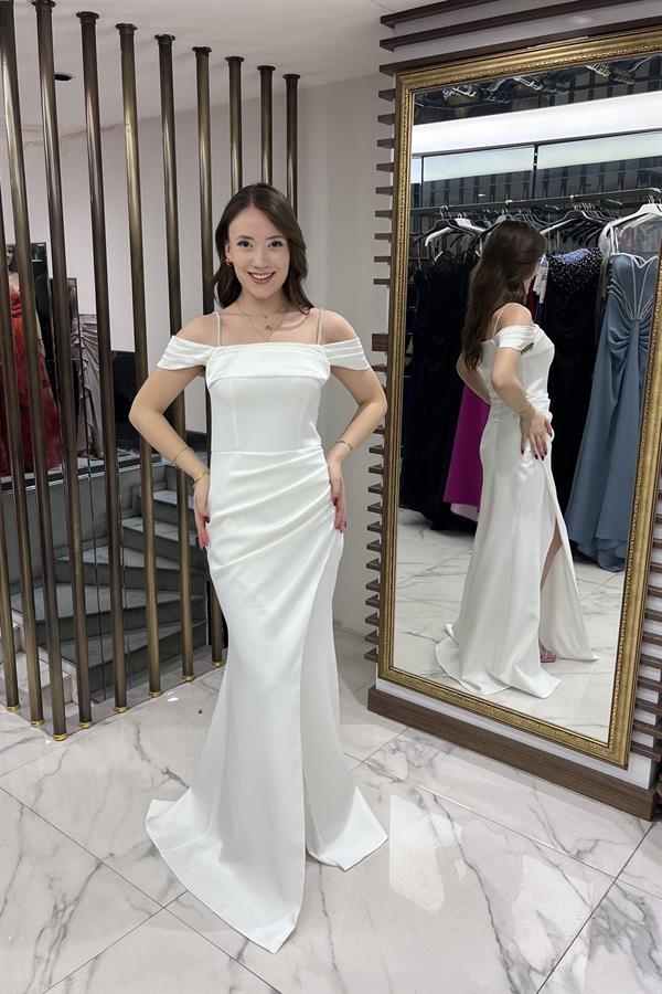 Women's Stoned Thin Strap Low Sleeve Satin Madonna Collar Lined Draped Double Fishtail Dress