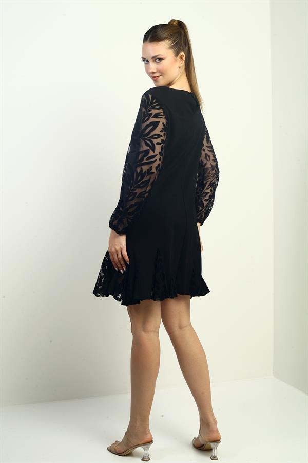 Women's Short Dress with Flocked Print on Sleeves and Hem, and Ruffled Detail.